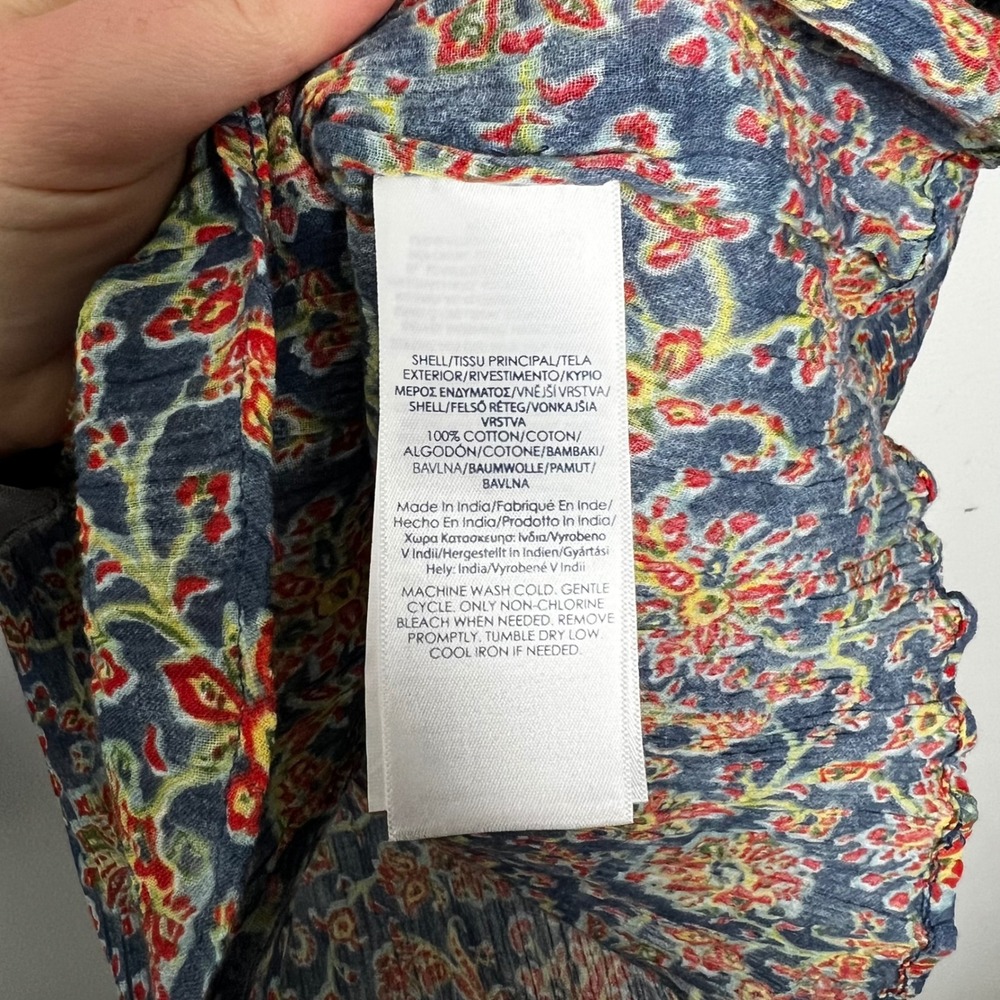 Chaps Womens Blue Floral Print Smocked Neck 3/4 Sleeve Blouse Peasant Top Size S - Picture 3 of 5